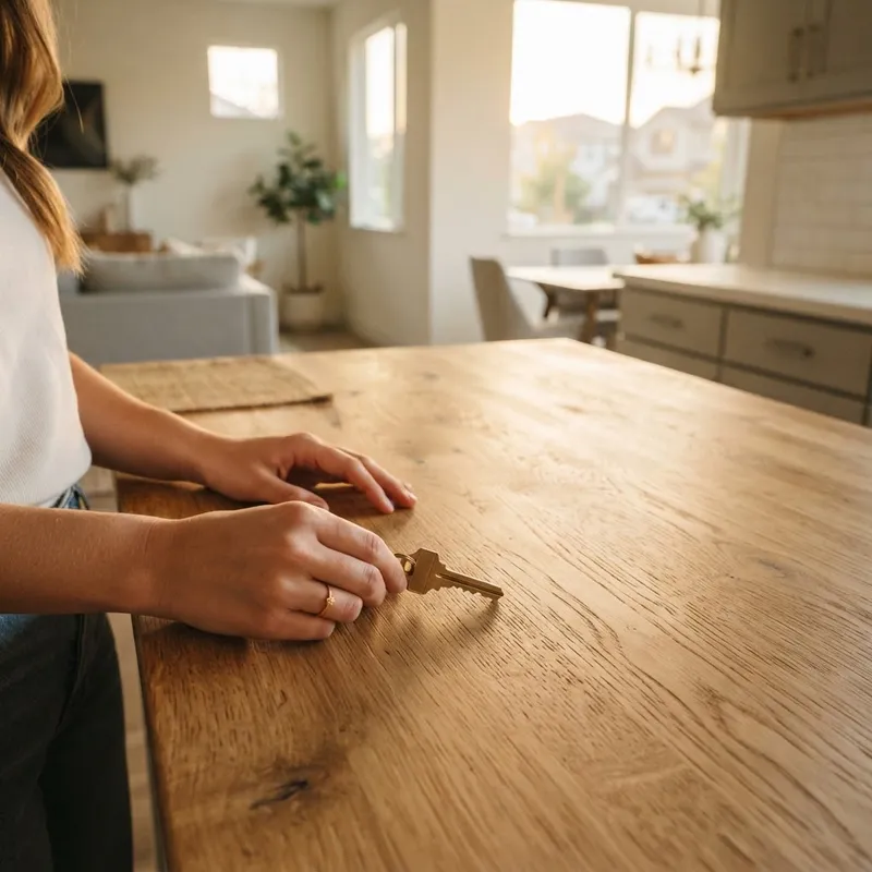 Close up of a house key on a kitchen island