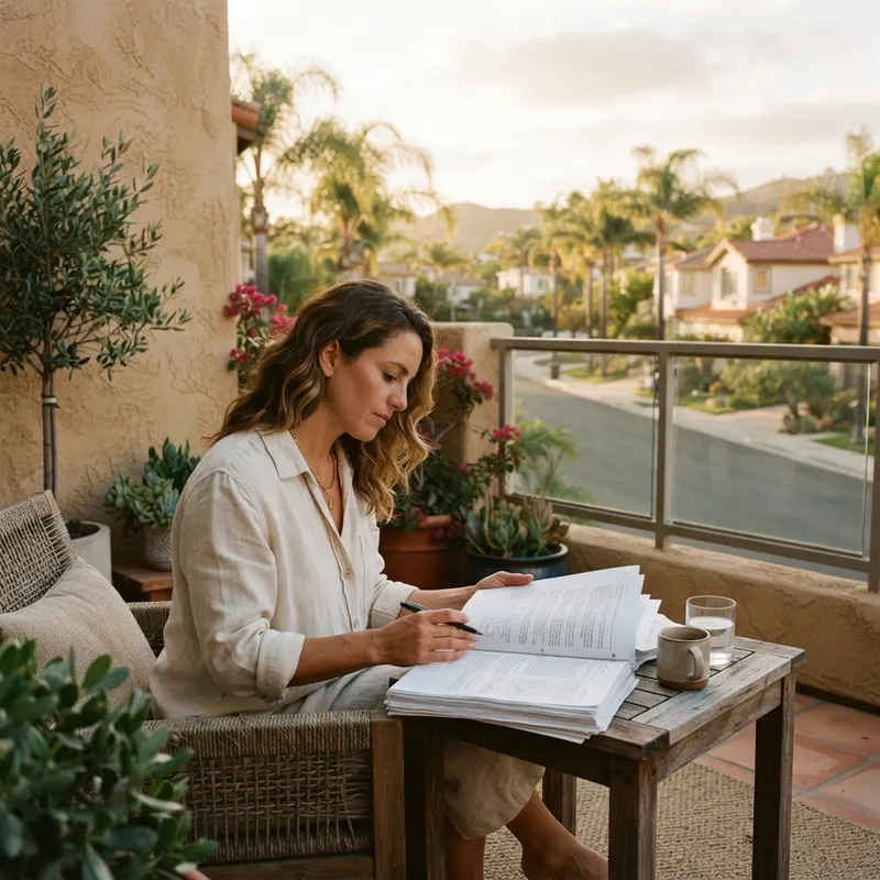 Person reviewing financial documents on a sunny patio