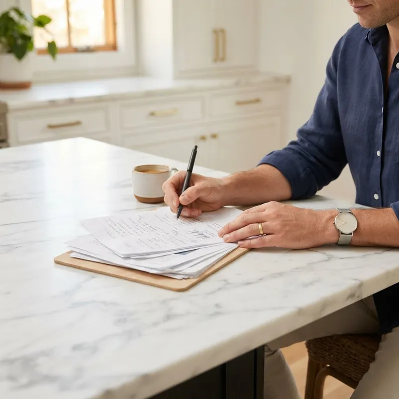 Hands reviewing paper documents on a kitchen island