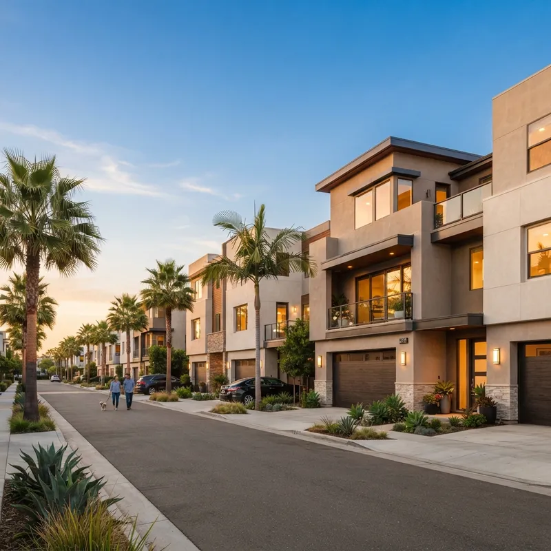Modern stucco townhomes in a Southern California neighborhood