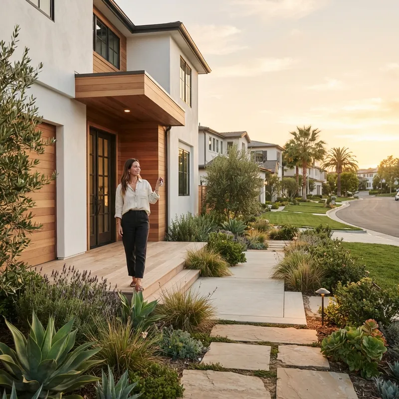 A homeowner standing on the doorstep of a new house