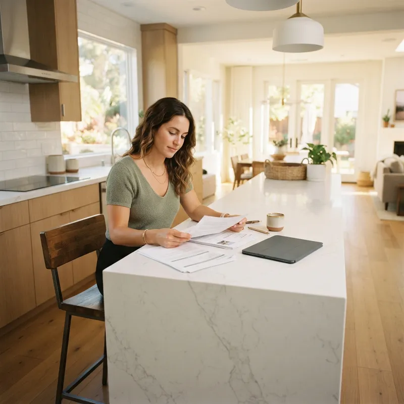 A woman reviewing real estate documents on a kitchen island