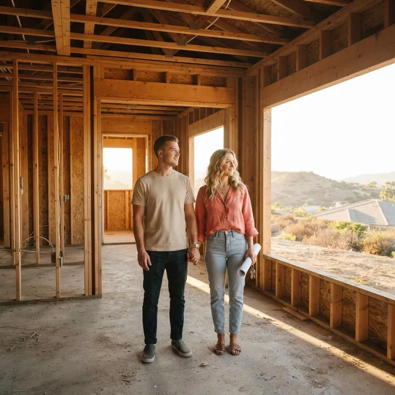 A couple standing in the frame of an unfinished home