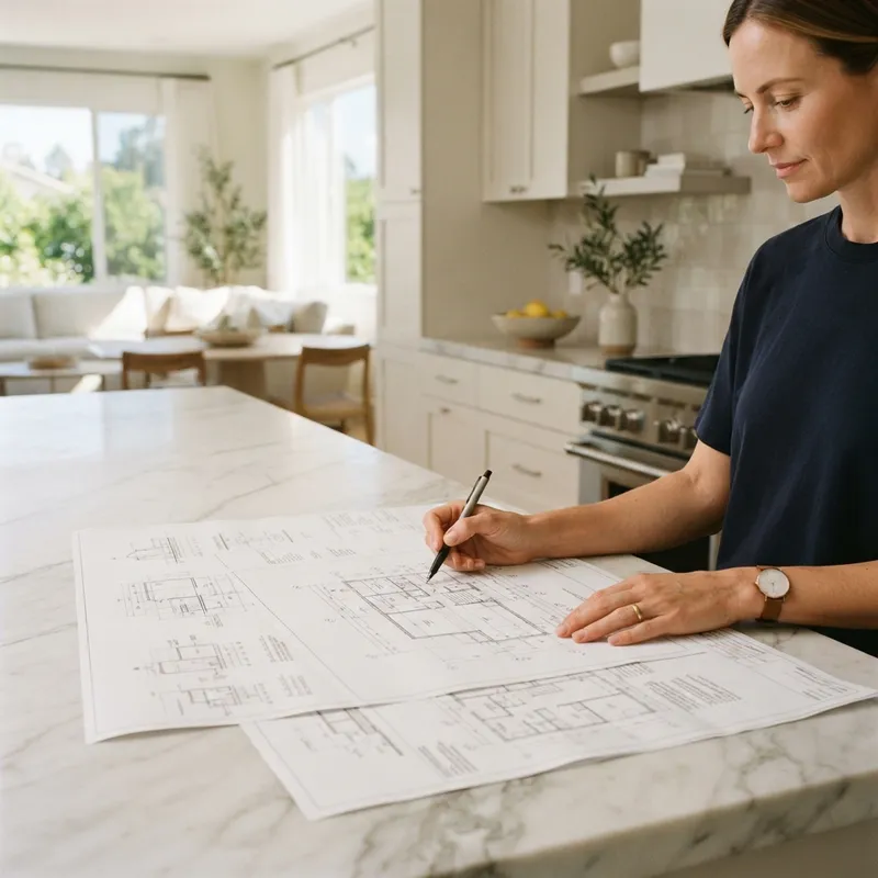 Hands reviewing blueprints on a modern kitchen island