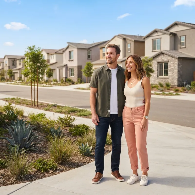 Couple standing on a sidewalk looking toward a new housing development