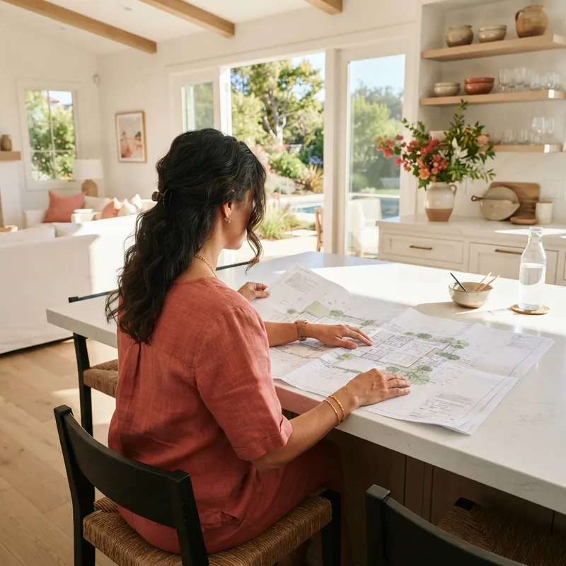 Person reviewing architectural site plans at a kitchen island