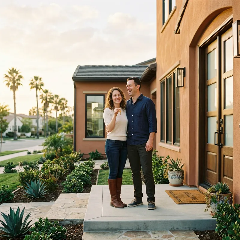 Couple holding key on doorstep of new construction home at golden hour