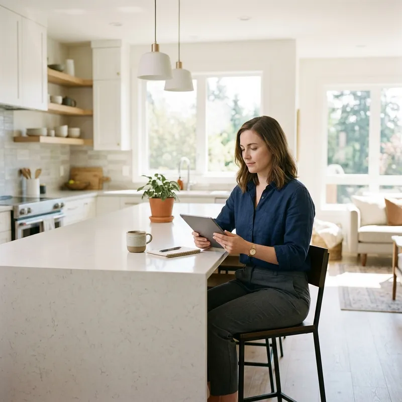 Woman reviewing new construction listings on tablet at modern kitchen island