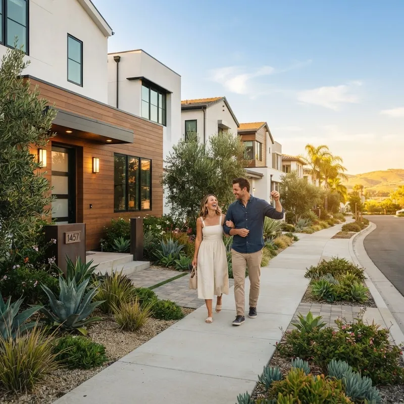 A couple walking toward their new home at golden hour