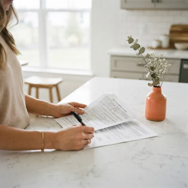 Hands reviewing purchase documents on a kitchen island