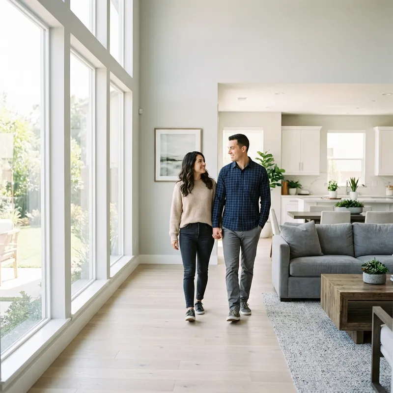Couple exploring model home with confident, calm demeanor