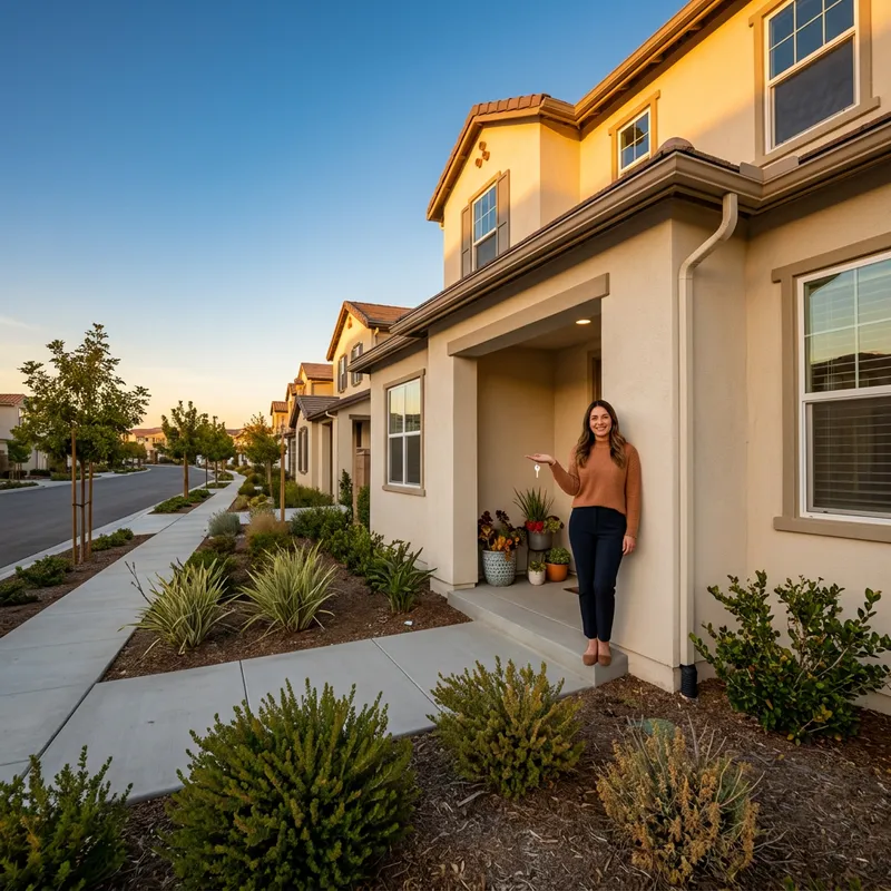 New homeowner holding key on doorstep at golden hour