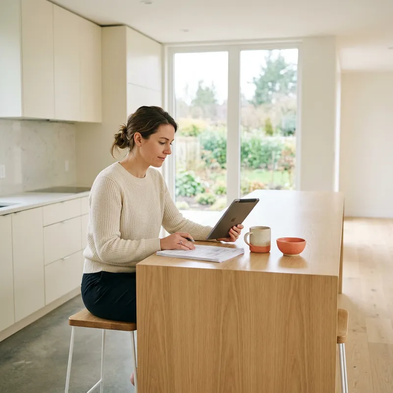 Woman reviewing new construction documents at kitchen island