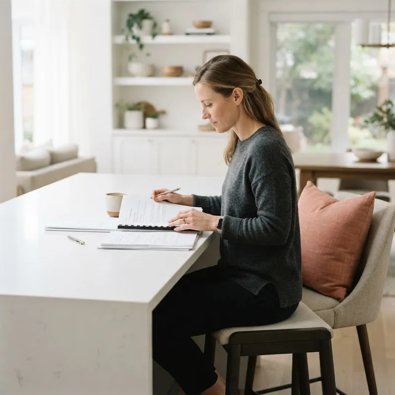 A homebuyer reviewing documents at a modern kitchen island