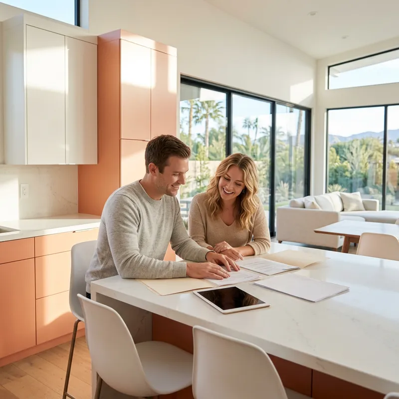 Couple reviewing documents at new home kitchen island