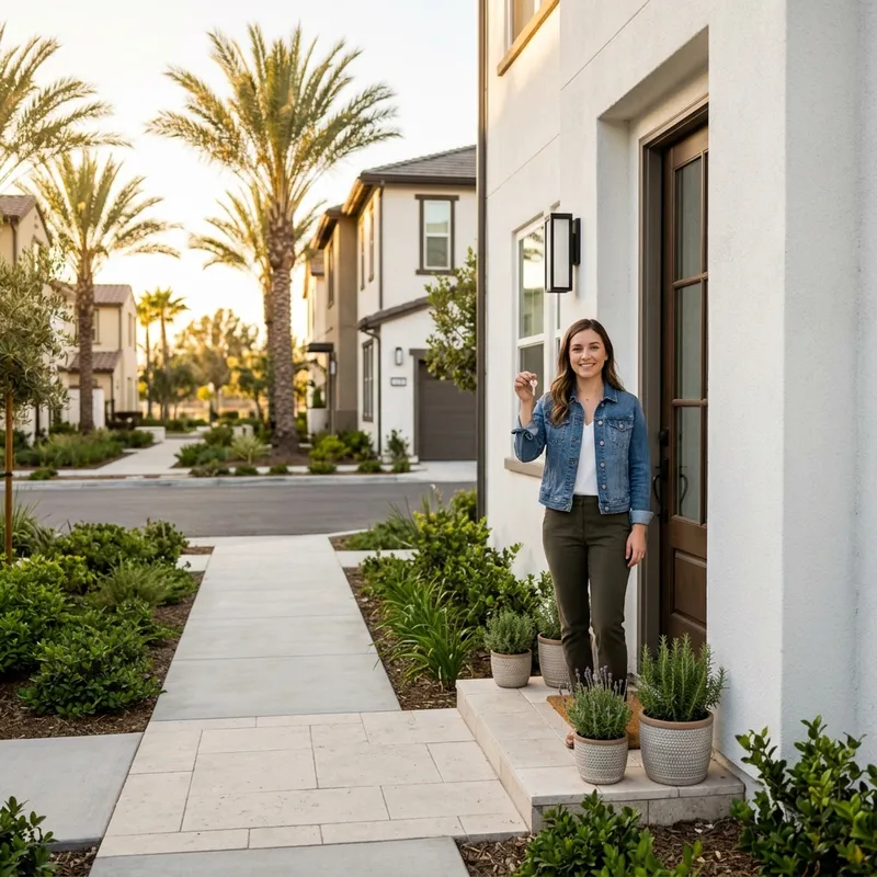New homeowner holding key on modern home doorstep