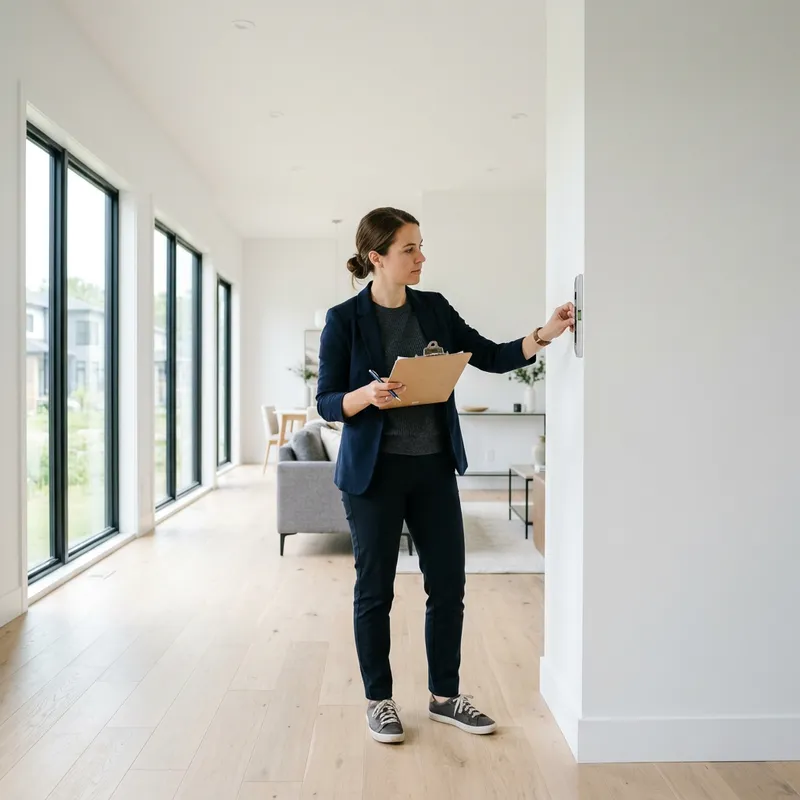 Woman inspecting new home interior with clipboard