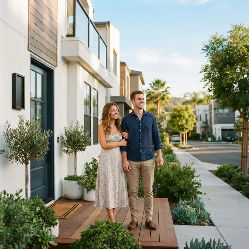 Couple standing on the porch of a new home