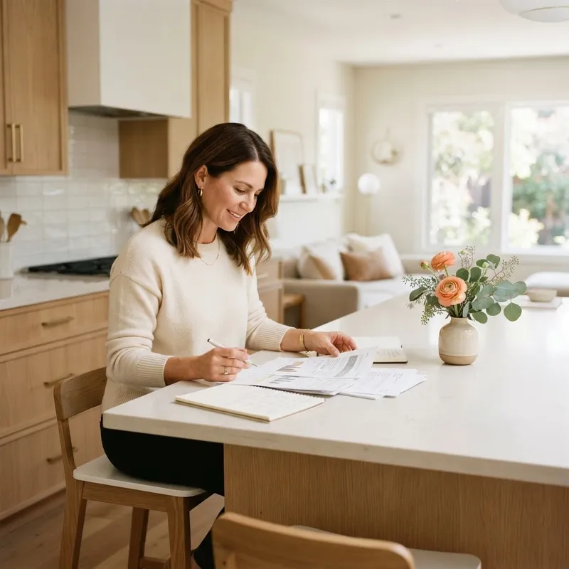 Person reviewing paperwork in a modern kitchen