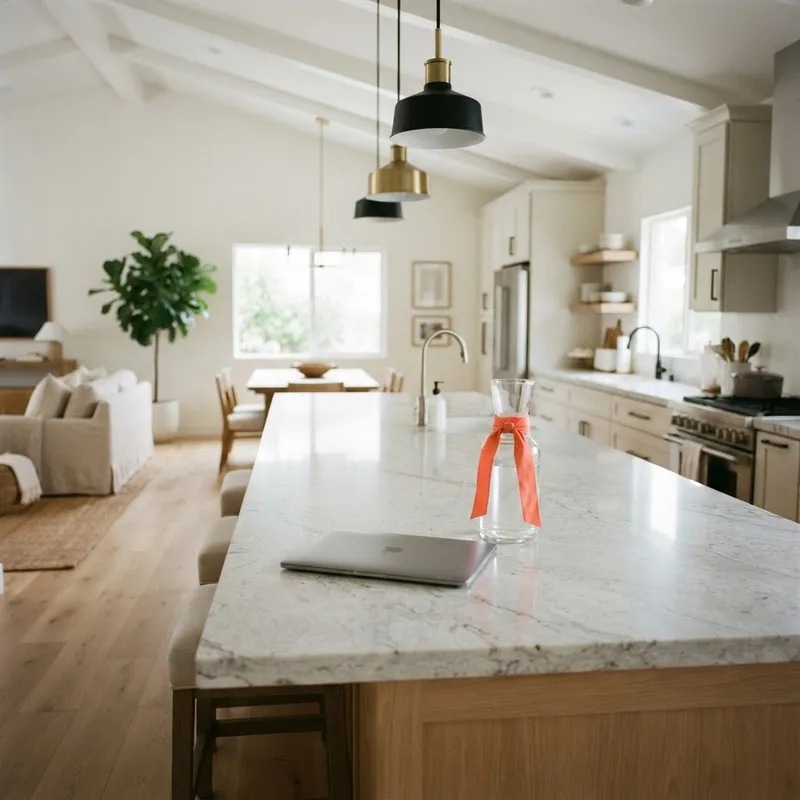 Minimalist modern kitchen island in a new home with neutral decor