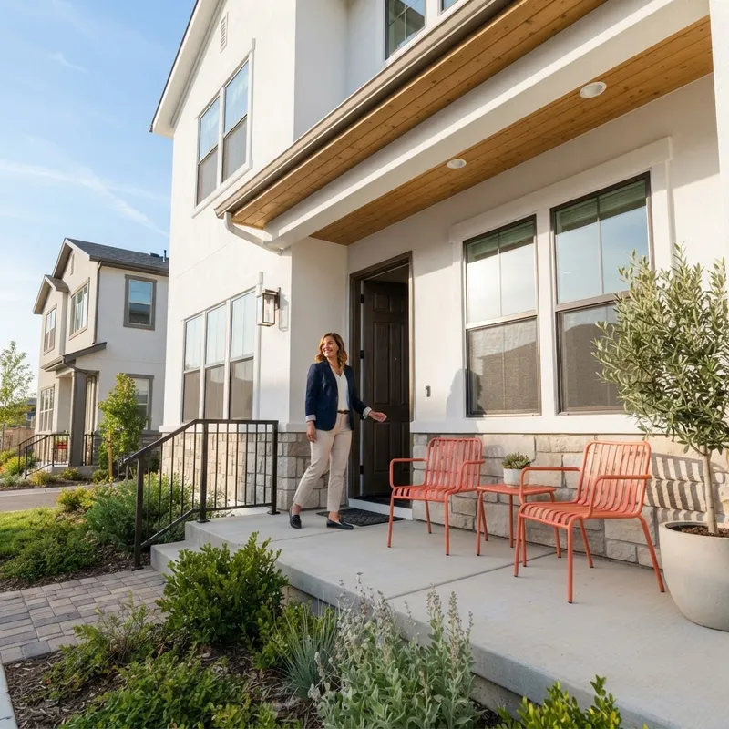 Person standing at the entrance of a modern new construction townhome