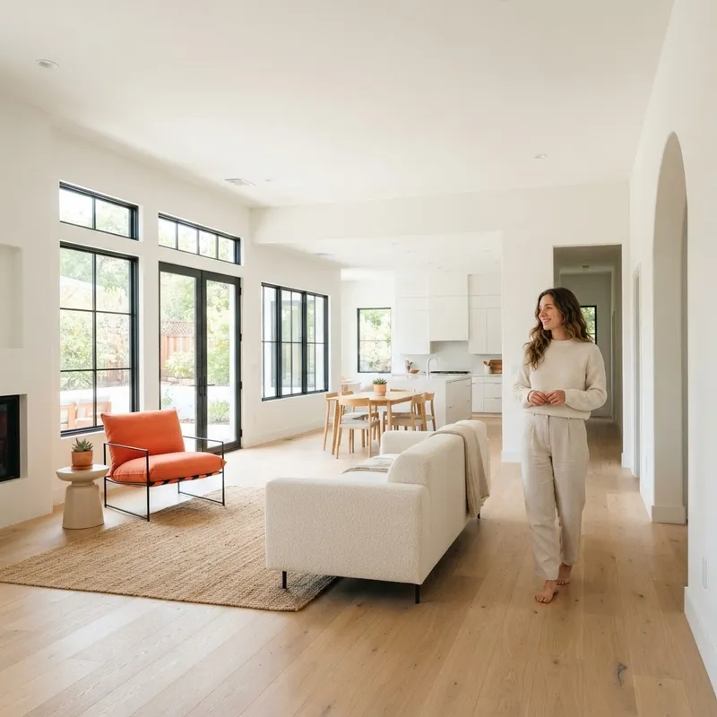A bright open concept living room with a coral orange accent chair