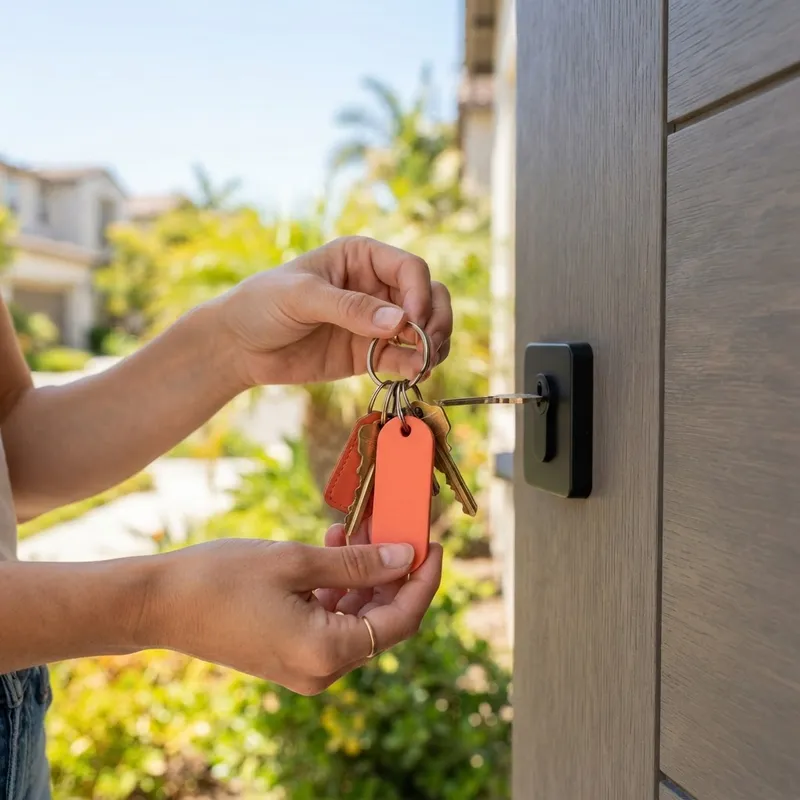 Close up of a hand holding new house keys with a coral orange keychain
