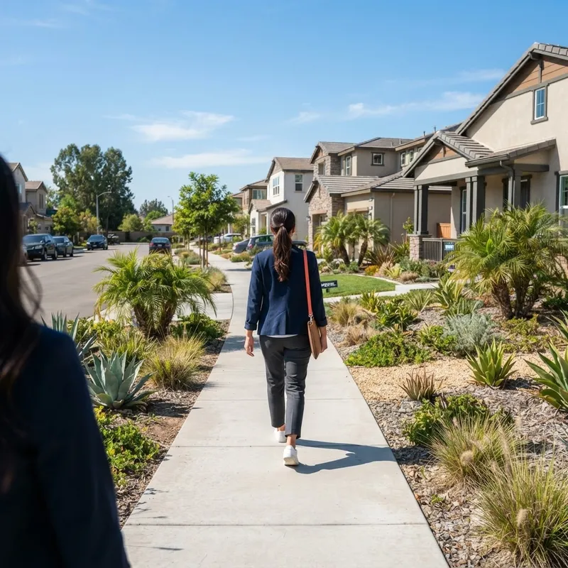 Professional walking down a sunlit suburban street toward a new home