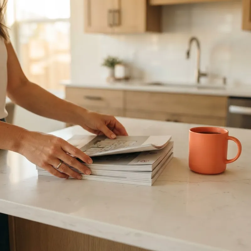 Hands stacking community brochures on a modern kitchen island