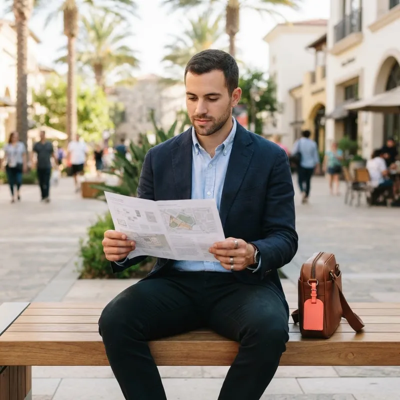 Man reviewing physical documents at an outdoor community plaza