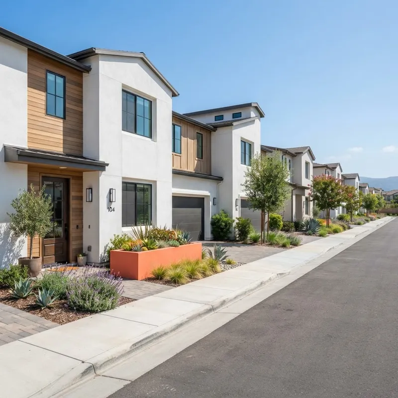 Modern new construction townhomes on a sunlit street