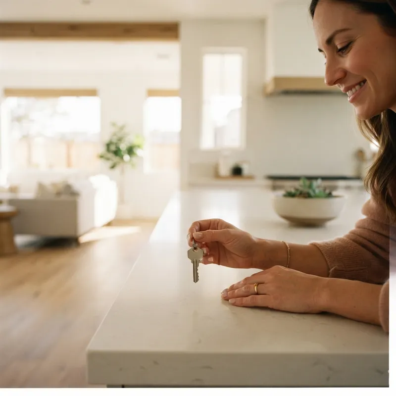 A person holding a house key in a new home