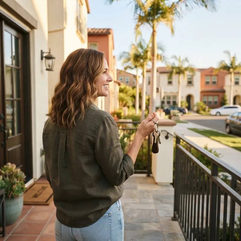 Person holding keys on the porch of a new home