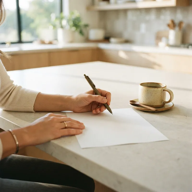 A close-up of hands reviewing documents on a clean kitchen counter