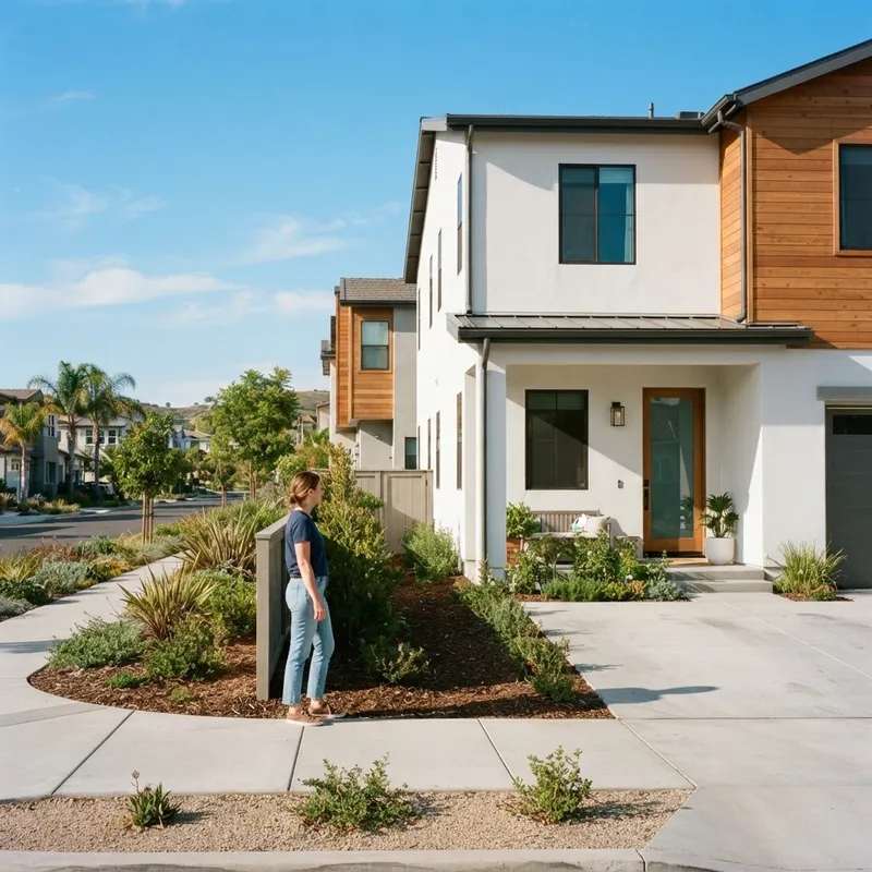 Exterior view of a modern townhome in a suburban neighborhood