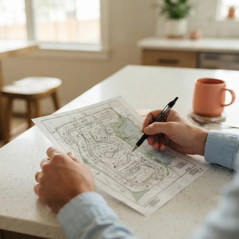 Hands reviewing a printed community site plan on a table
