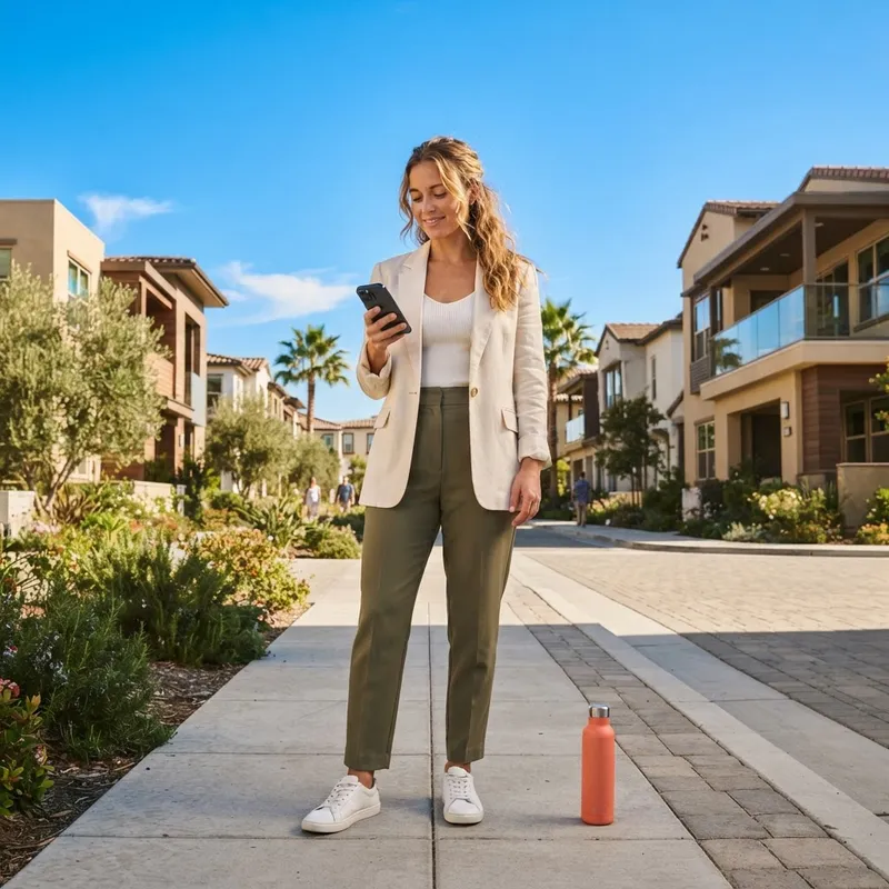 A woman standing on a suburban walkway in a new home community