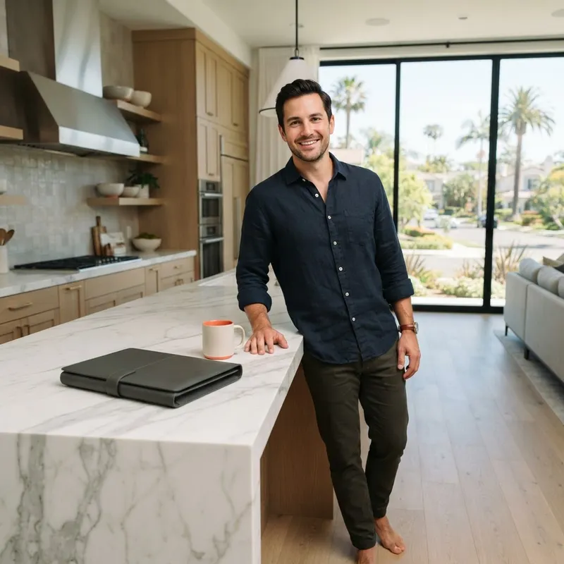 Man leaning against a clean kitchen island in a new home