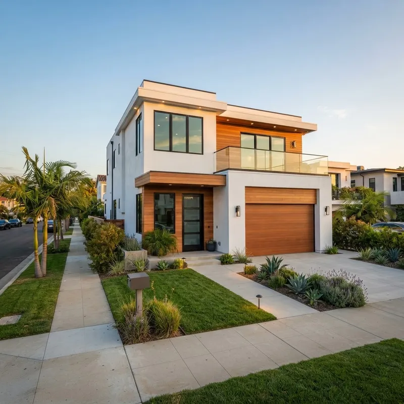 Modern new construction townhome exterior at golden hour