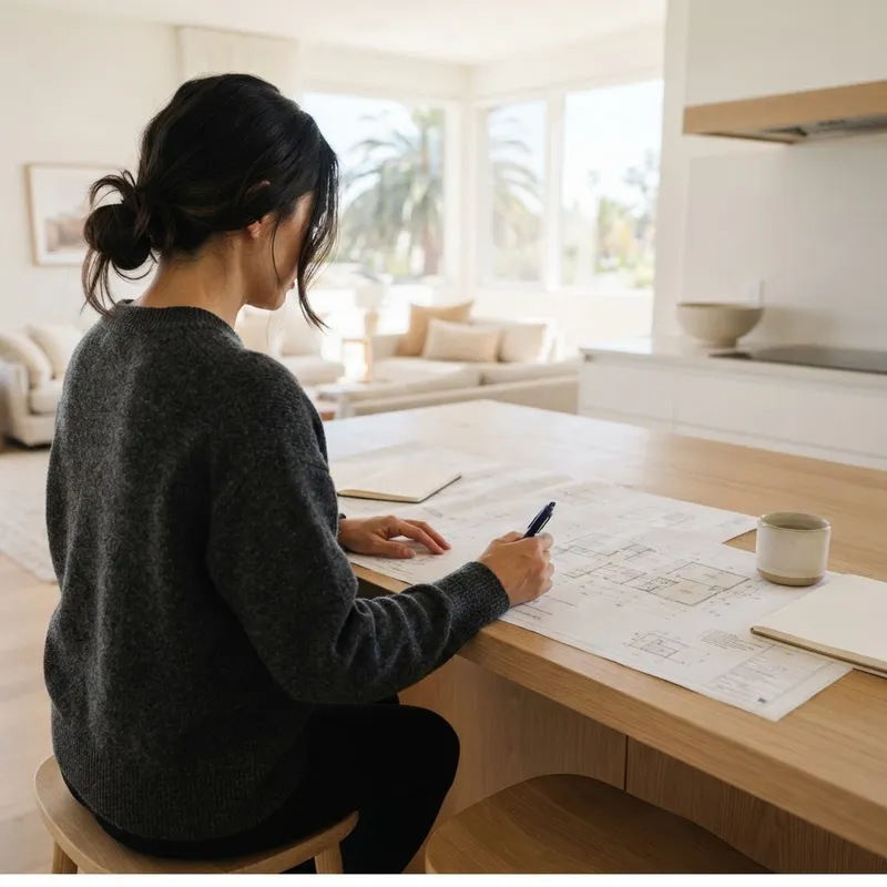 Person reviewing floor plans at a kitchen island