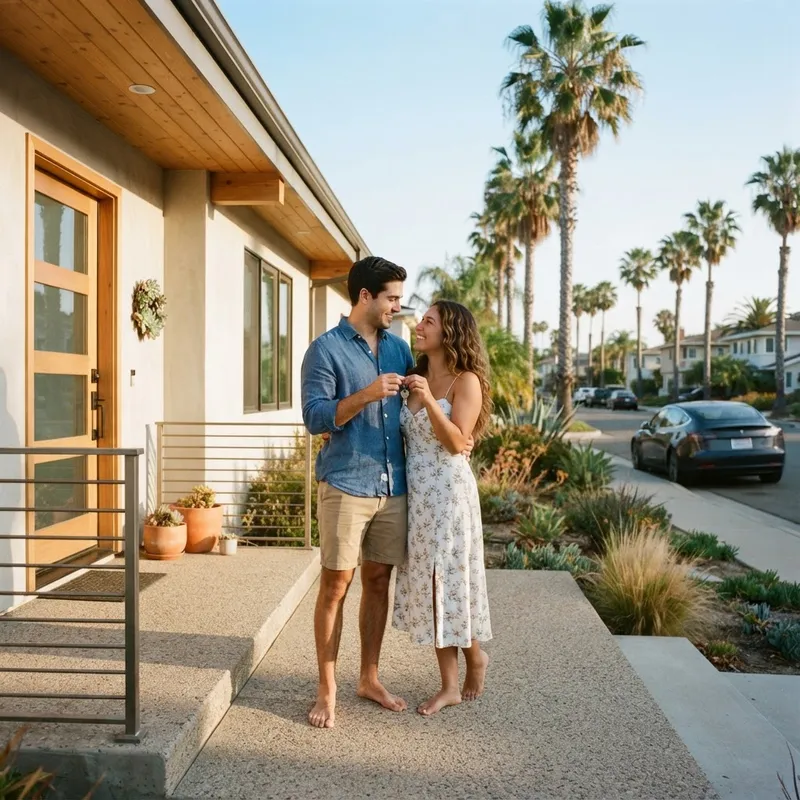 A smiling couple holding keys in front of a new home