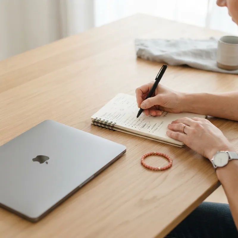Hands taking notes at a clean minimal workspace