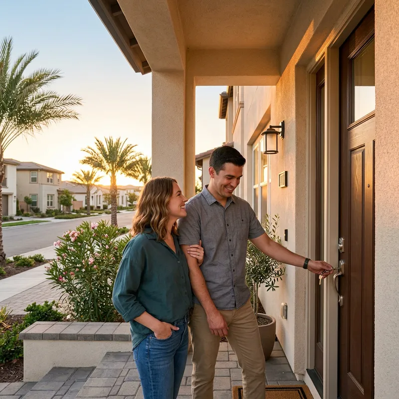 Couple holding key at new construction home entrance