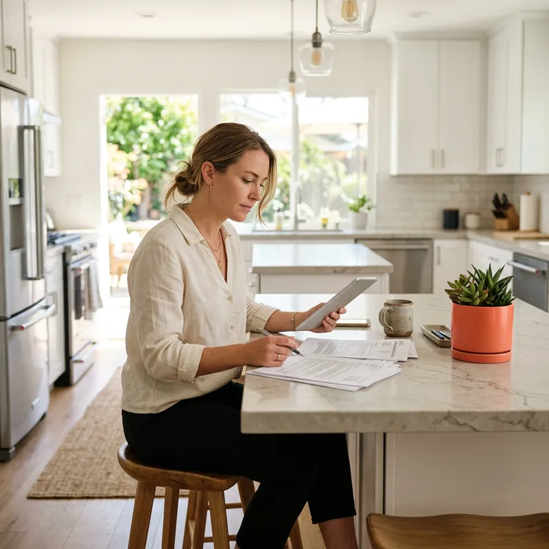 Woman reviewing home documents at modern kitchen island