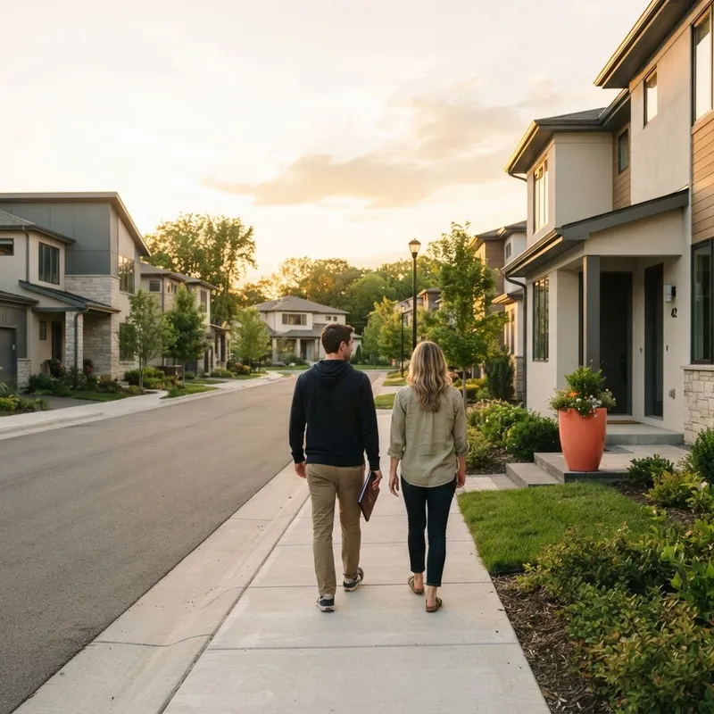 Couple walking toward a new home in a quiet suburban street