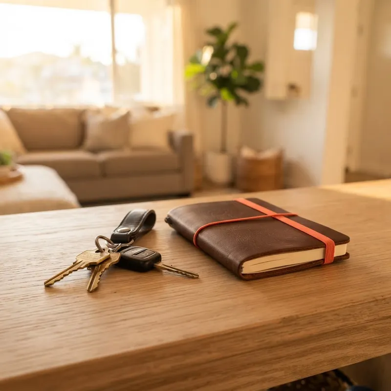 Keys and a notebook on a console table in a new home