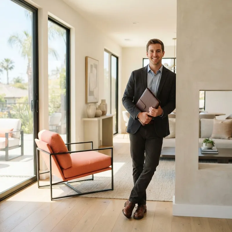 Man standing in a bright minimalist model home living room