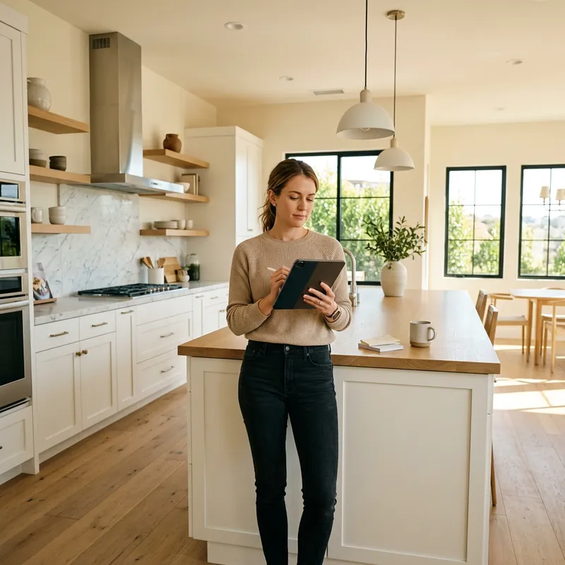 Buyer reviewing notes in modern model home kitchen