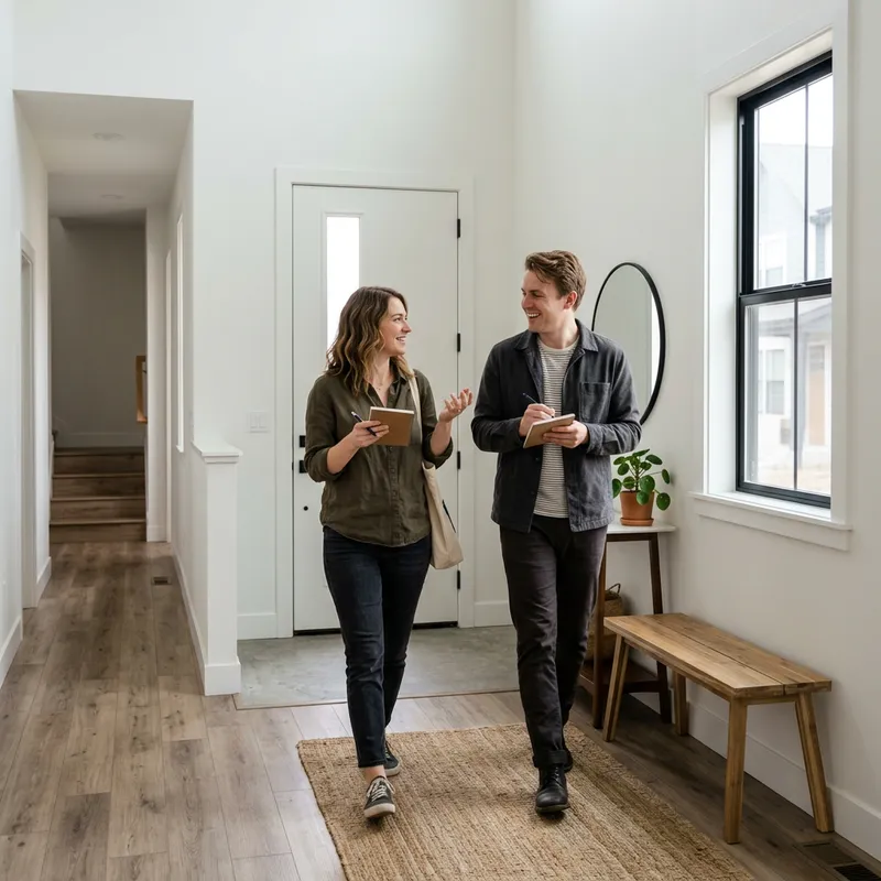 Couple taking notes during model home walkthrough