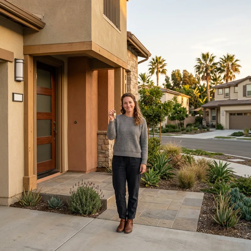 Homeowner holding key at new construction home entry
